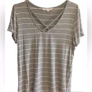 Love charm, fancy V-neck with cross front detailing, gray and pink tee